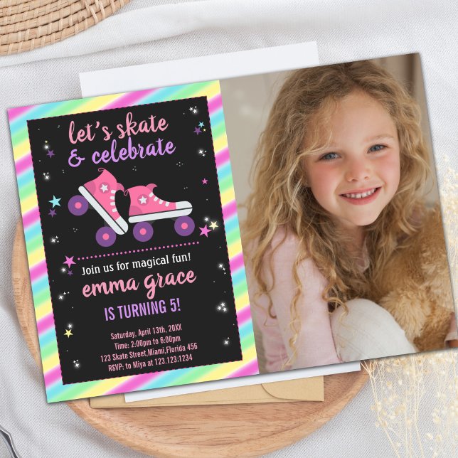Custom Roller Skate Party for Girls Invitation (Photo Pink Skating Birthday Invitations)