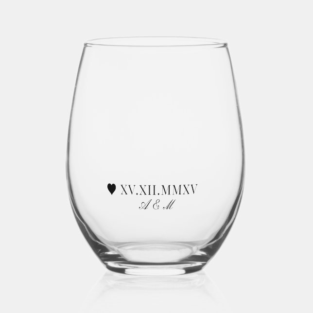 Custom Roman Numeral Date Anniversary Stemless Wine Glass (Front)