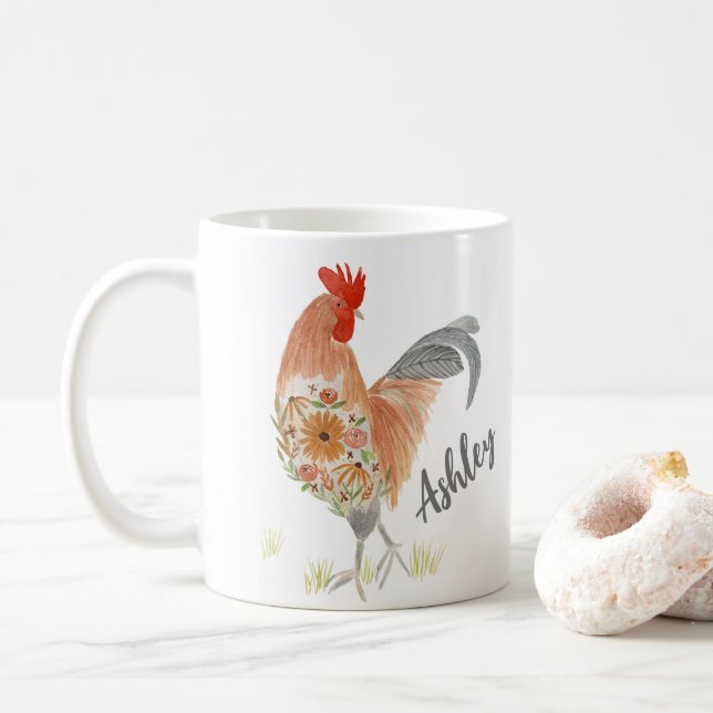 Custom Rooster Mug Watercolor (With Donut)