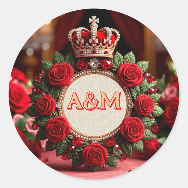👑 Custom Rose Crown Monogram Name Gift for Her 🌹 Classic Round Sticker (Front)