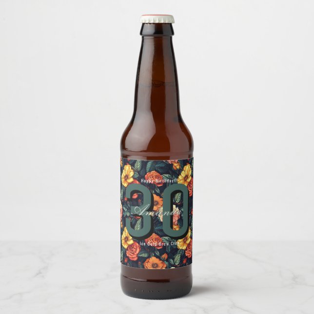 Custom Rose Floral Birthday Beer Bottle Label (Front)