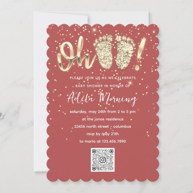 Custom Rose Gold Confetti Feet Baby Boy QR CODE  Invitation (Front)