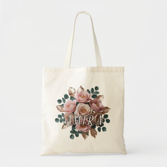 Custom Rose Gold Floral Monogram Budget Tote Bag (Front)