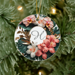 Custom Rose Gold Floral Monogram Round Keepsake Ceramic Tree Decoration