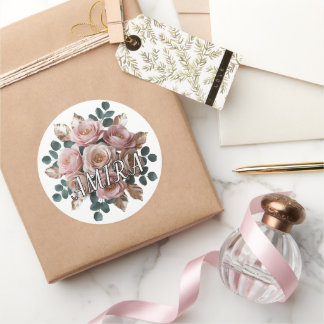Custom Rose Gold Floral Monogram Round Sticker
