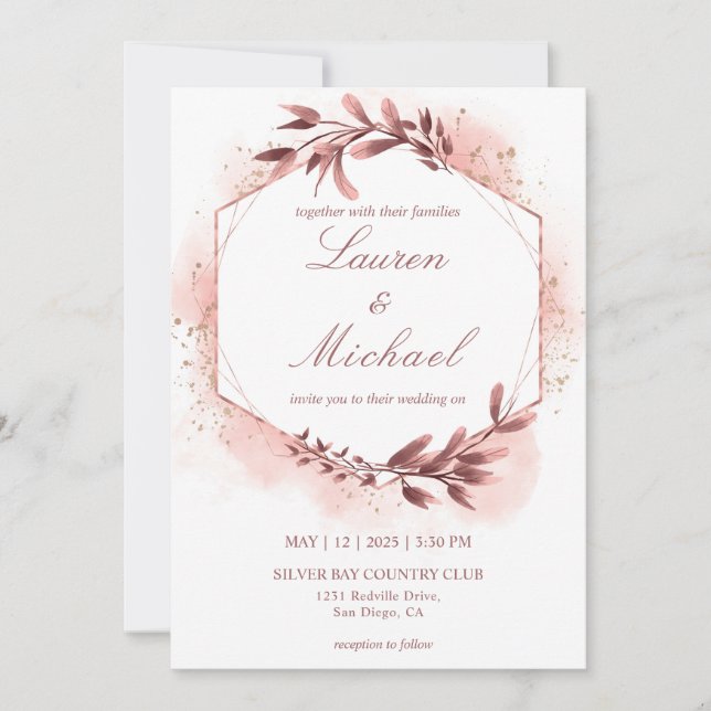 Custom Rose Gold Geometric Floral Frames Wedding Invitation (Front)