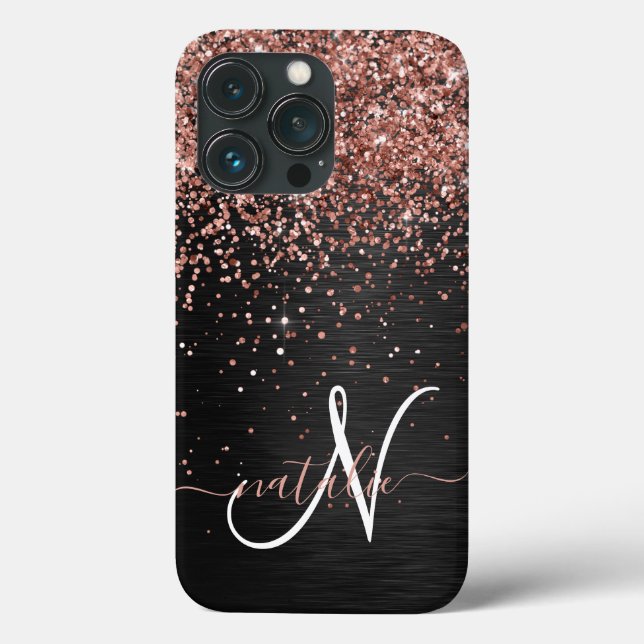 Custom Rose Gold Glitter Black Sparkle Monogram Case-Mate iPhone Case (Back)