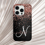 Custom Rose Gold Glitter Black Sparkle Monogram iPhone 15 Pro Case<br><div class="desc">Easily personalise this trendy elegant phone case design featuring pretty rose gold sparkling glitter on a black brushed metallic background.</div>