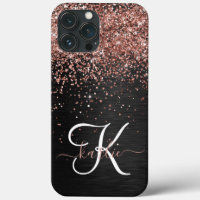 Custom Rose Gold Glitter Black Sparkle Monogram