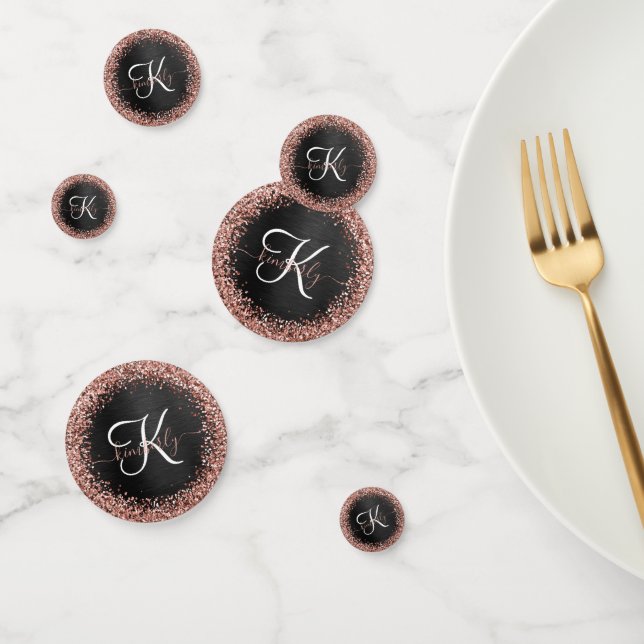 Custom Rose Gold Glitter Black Sparkle Monogram Confetti (Group)
