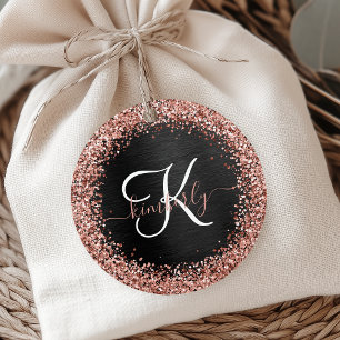 Custom Rose Gold Glitter Black Sparkle Monogram Favour Tags
