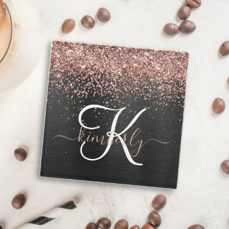 Custom Rose Gold Glitter Black Sparkle Monogram Glass Coaster