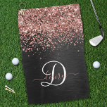 Custom Rose Gold Glitter Black Sparkle Monogram Golf Towel<br><div class="desc">Easily personalise this trendy elegant golf towel design featuring pretty rose gold sparkling glitter on a black brushed metallic background.</div>