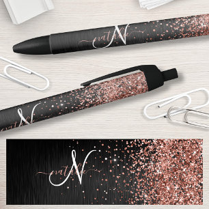 Custom Rose Gold Glitter Black Sparkle Monogram Ink Pen