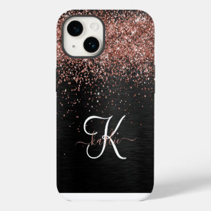 Custom Rose Gold Glitter Black Sparkle Monogram iPhone 14 Case