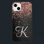 Custom Rose Gold Glitter Black Sparkle Monogram iPhone 14 Plus Case<br><div class="desc">Easily personalise this trendy elegant phone case design featuring pretty rose gold sparkling glitter on a black brushed metallic background.</div>