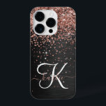 Custom Rose Gold Glitter Black Sparkle Monogram iPhone 14 Pro Case<br><div class="desc">Easily personalise this trendy elegant phone case design featuring pretty rose gold sparkling glitter on a black brushed metallic background.</div>