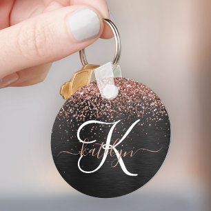 Custom Rose Gold Glitter Black Sparkle Monogram Key Ring