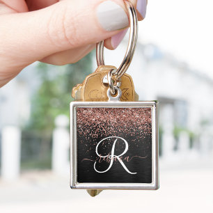 Custom Rose Gold Glitter Black Sparkle Monogram Key Ring