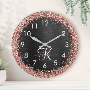 Custom Rose Gold Glitter Black Sparkle Monogram Large Clock