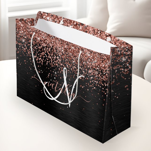 Custom Rose Gold Glitter Black Sparkle Monogram Large Gift Bag (Creator Uploaded)
