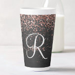 Custom Rose Gold Glitter Black Sparkle Monogram Latte Mug<br><div class="desc">Easily personalise this trendy elegant latte mug design featuring pretty rose gold sparkling glitter on a black brushed metallic background.</div>