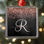 Custom Rose Gold Glitter Black Sparkle Monogram Metal Tree Decoration<br><div class="desc">Easily personalise this trendy elegant ornament design featuring pretty rose gold sparkling glitter on a black brushed metallic background.</div>