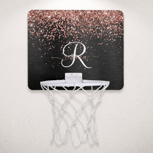 Custom Rose Gold Glitter Black Sparkle Monogram Mini Basketball Hoop