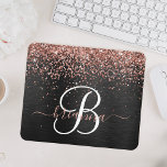 Custom Rose Gold Glitter Black Sparkle Monogram Mouse Pad<br><div class="desc">Easily personalise this trendy elegant mouse pad design featuring pretty rose gold sparkling glitter on a black brushed metallic background.</div>