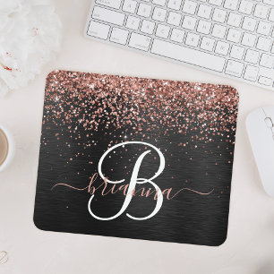Custom Rose Gold Glitter Black Sparkle Monogram Mouse Pad