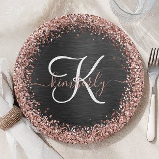 Custom Rose Gold Glitter Black Sparkle Monogram Paper Plate