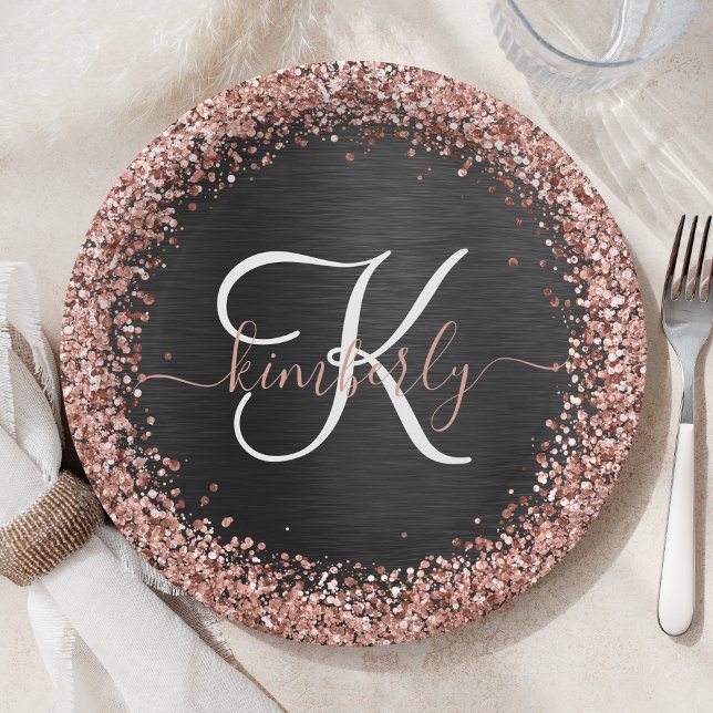 Custom Rose Gold Glitter Black Sparkle Monogram Paper Plate (Creator Uploaded)