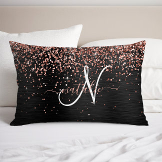 Custom Rose Gold Glitter Black Sparkle Monogram Pillowcase