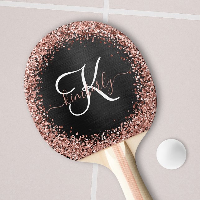 Custom Rose Gold Glitter Black Sparkle Monogram Ping Pong Paddle (Creator Uploaded)