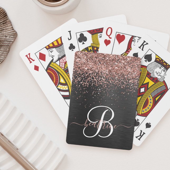 Custom Rose Gold Glitter Black Sparkle Monogram Playing Cards (Creator Uploaded)