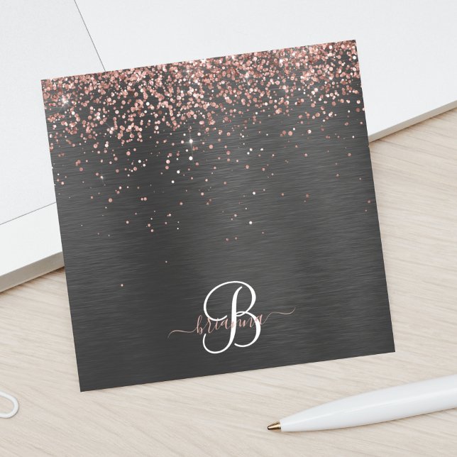 Custom Rose Gold Glitter Black Sparkle Monogram Post-it Notes (Creator Uploaded)
