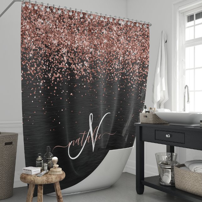 Custom Rose Gold Glitter Black Sparkle Monogram Shower Curtain (Creator Uploaded)