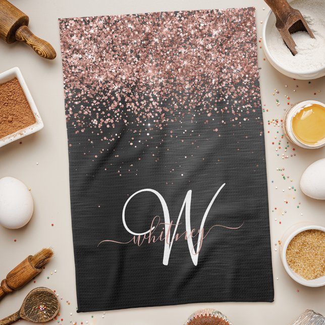 Custom Rose Gold Glitter Black Sparkle Monogram Tea Towel (Creator Uploaded)
