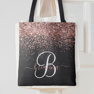 Custom Rose Gold Glitter Black Sparkle Monogram Tote Bag