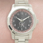 Custom Rose Gold Glitter Black Sparkle Monogram Watch<br><div class="desc">Easily personalise this trendy elegant watch design featuring pretty rose gold sparkling glitter on a black brushed metallic background.</div>