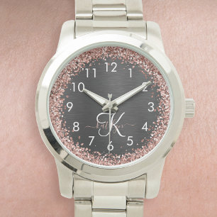  Custom Rose Gold Glitter Black Sparkle Monogram Watch