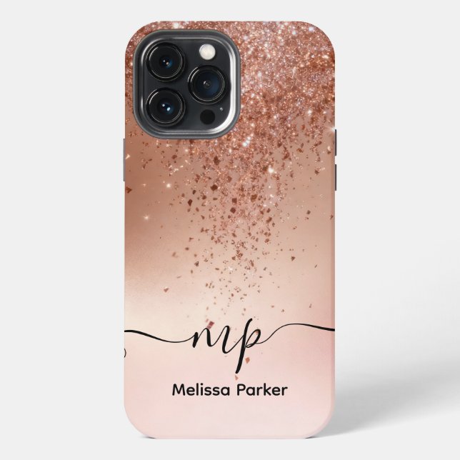 Custom Rose Gold Glitter Drip Monogram iPhone Case (Back)
