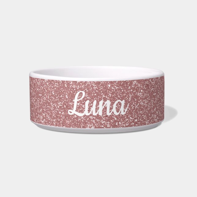 Custom Rose Gold Glitter Style Girly Pink Dog Bowl (Front)