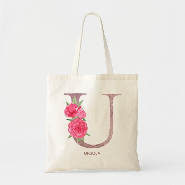 Custom Rose Monogram Tote Bag letter U (Front)