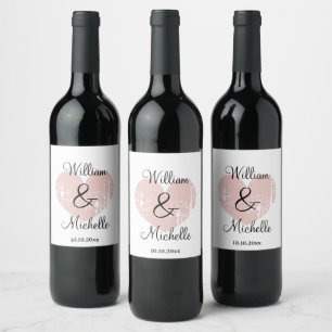 Custom rose pink heart wedding wine bottle labels