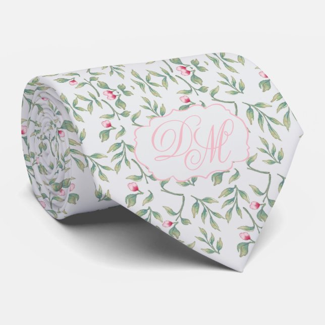 Custom Rosebud & Greenery Wedding Tie (Rolled)