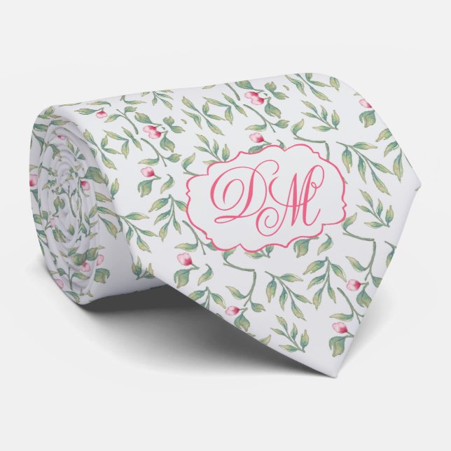Custom Rosebud & Greenery Wedding Tie (Rolled)