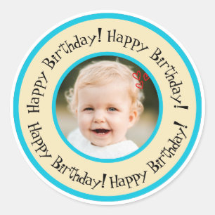 Custom Round Birthday Photo Beige & Turquoise Classic Round Sticker