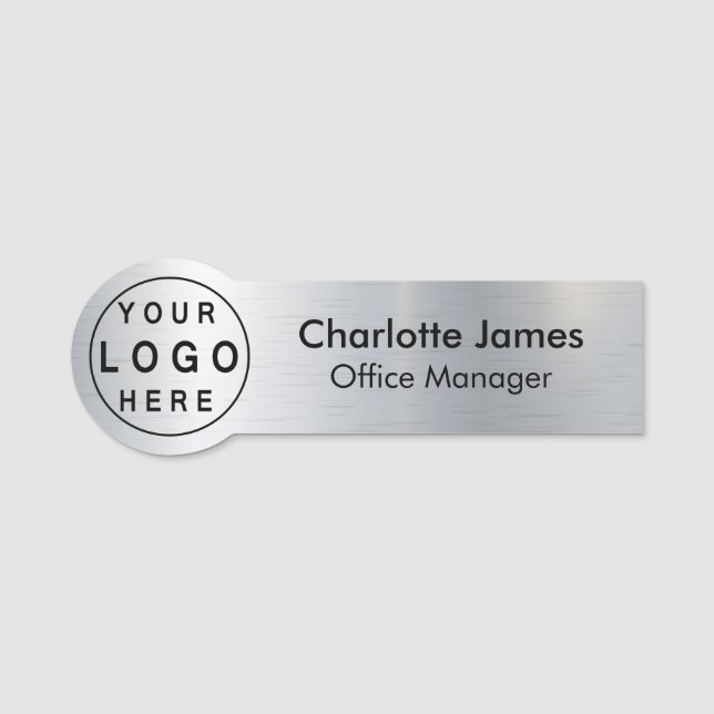 Custom Round Company Logo Metallic Silver Name Tag (Front)
