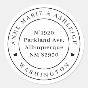 Custom Round Heart Wedding Names Return Address Classic Round Sticker